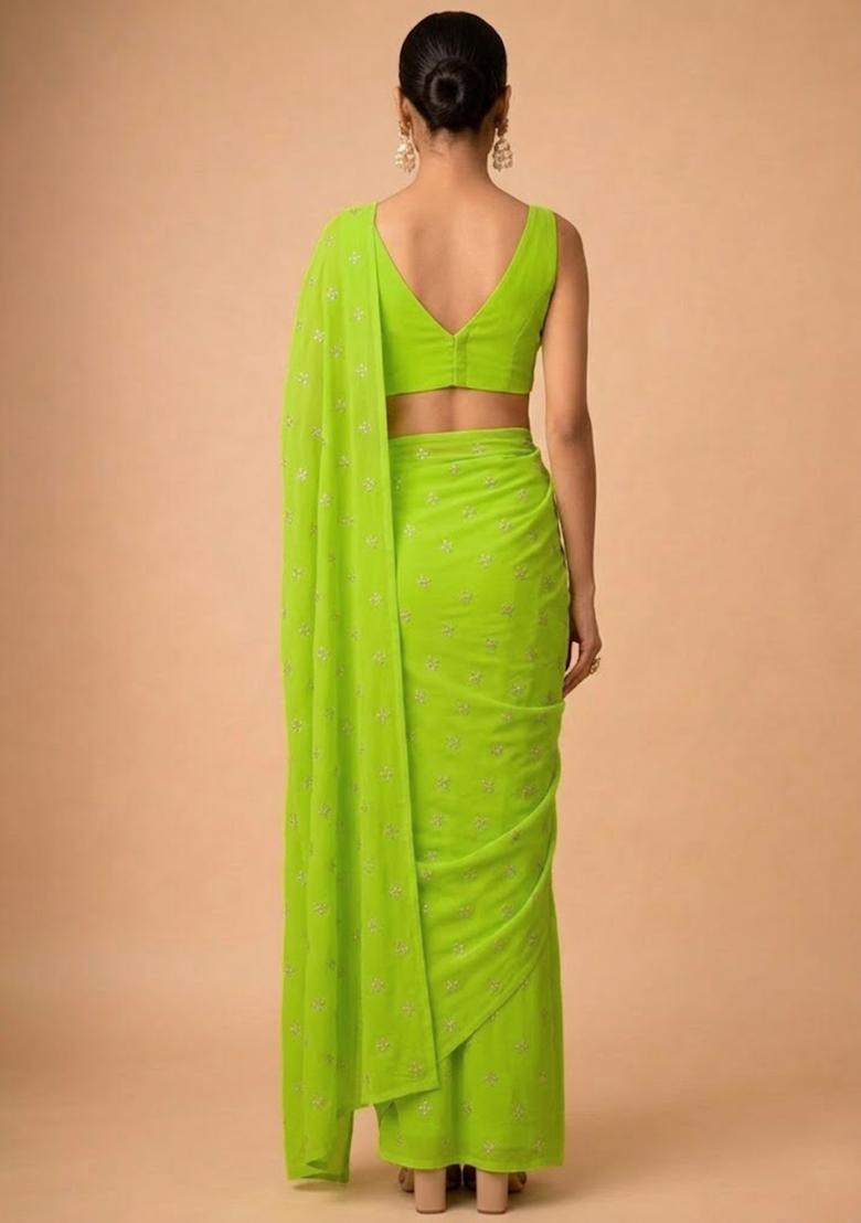 Parrot Green Embroidered Organza Pre Draped Saree Set - Indya