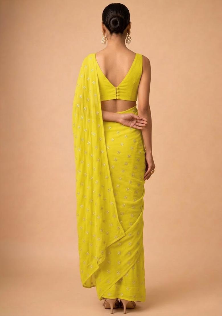 Sunflower Yellow Embroidered Organza Pre Draped Saree Set - Indya