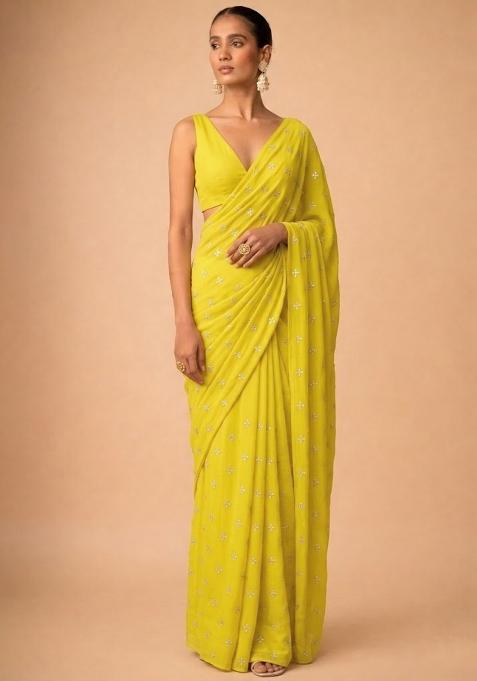 Sunflower Yellow Embroidered Organza Pre Draped Saree Set