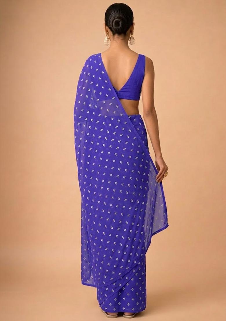 Royal Purple Embroidered Organza Pre Draped Saree Set - Indya