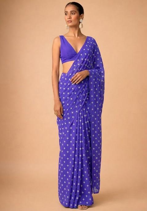 Royal Purple Embroidered Organza Pre Draped Saree Set — view on Indya