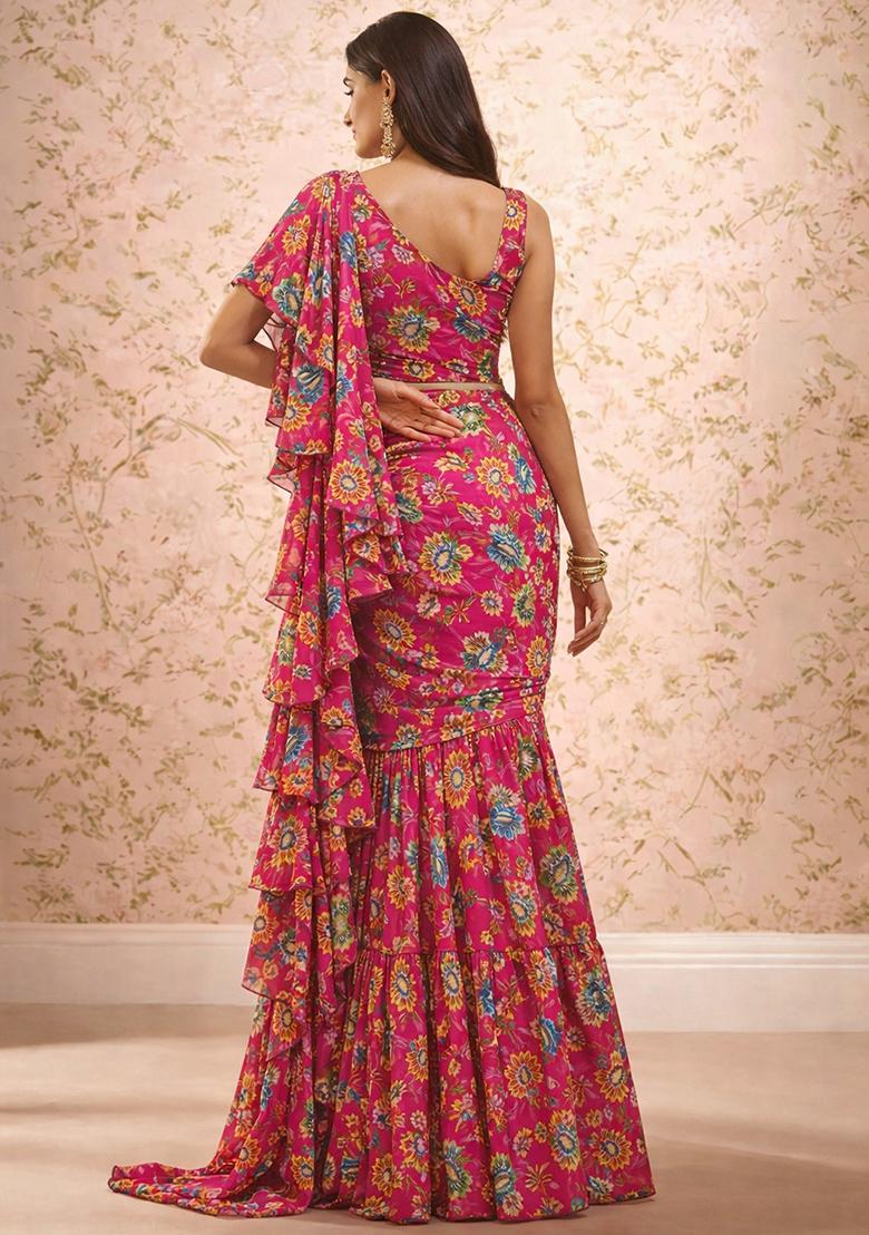 Pink Floral Print Crepe Pre Draped Saree Set - Indya
