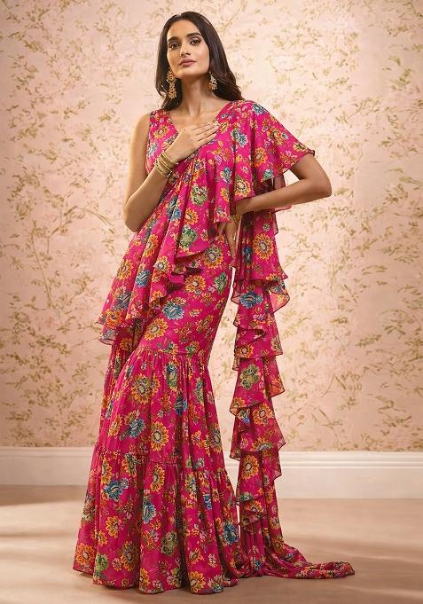 Pink Floral Print Crepe Pre Draped Saree Set