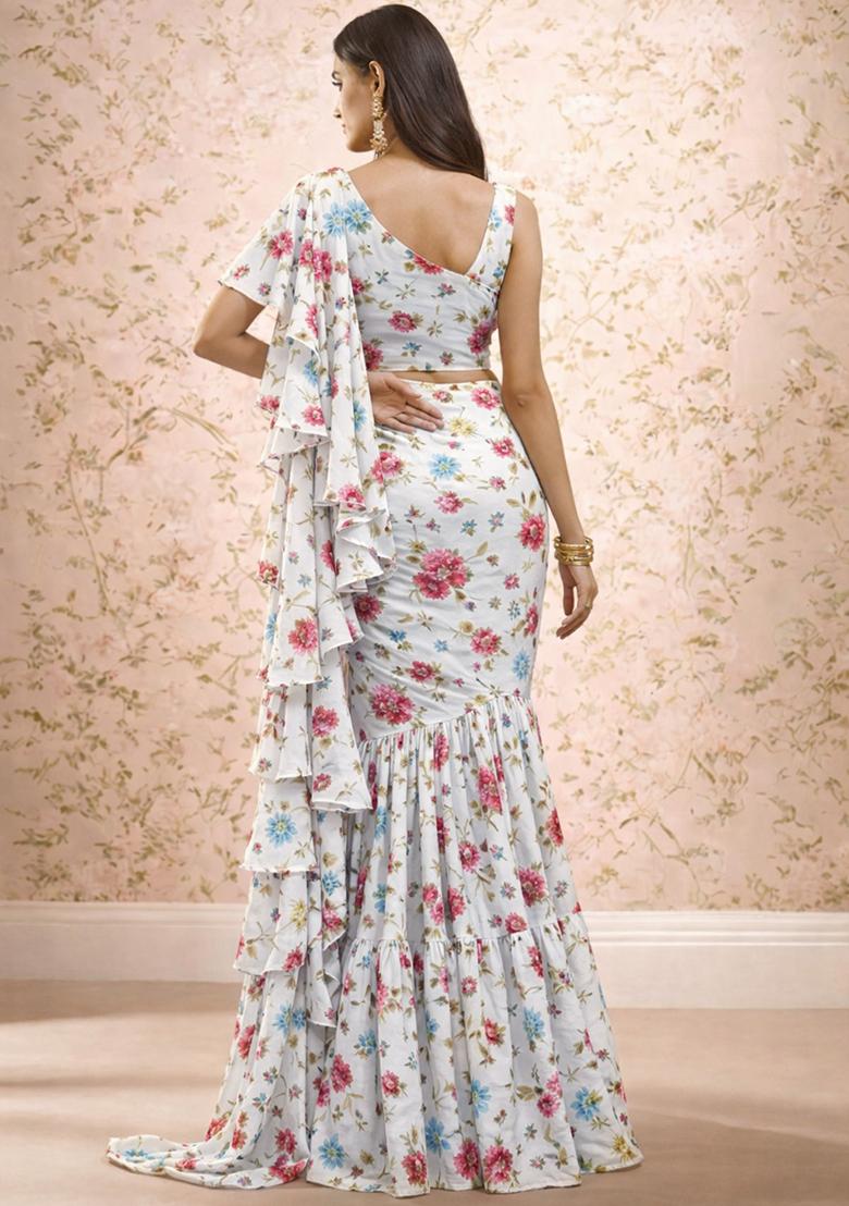 Ivory Floral Print Crepe Pre Draped Saree Set - Indya