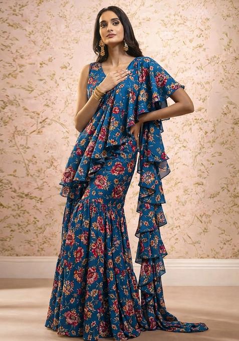 Royal Blue Floral Print Crepe Pre Draped Saree Set