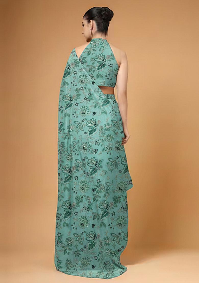 Aqua Green Floral Print Crepe Pre Draped Saree Set - Indya