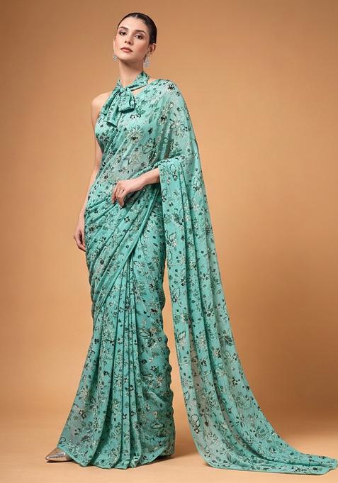 Aqua Green Floral Print Crepe Pre Draped Saree Set — view on Indya