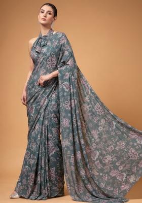 Charcoal Green Floral Print Crepe Pre Draped Saree Set