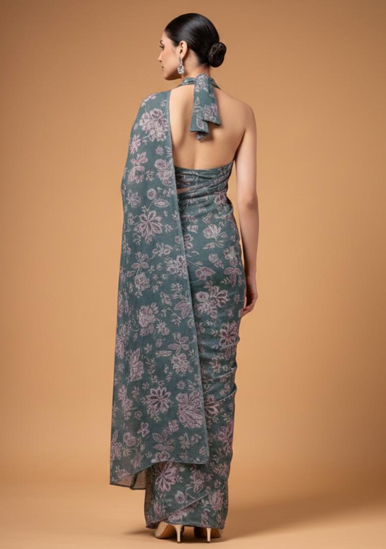 Charcoal Green Floral Print Crepe Pre Draped Saree Set - Indya