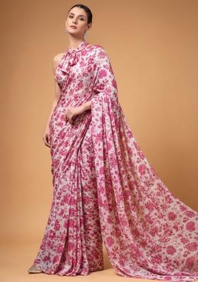 Pink Floral Print Crepe Pre Draped Saree Set