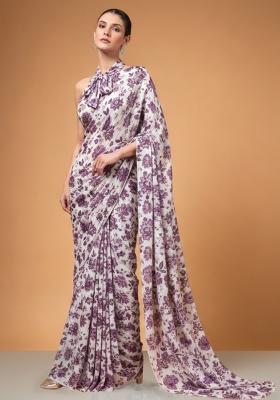 Ivory Floral Print Crepe Pre Draped Saree Set