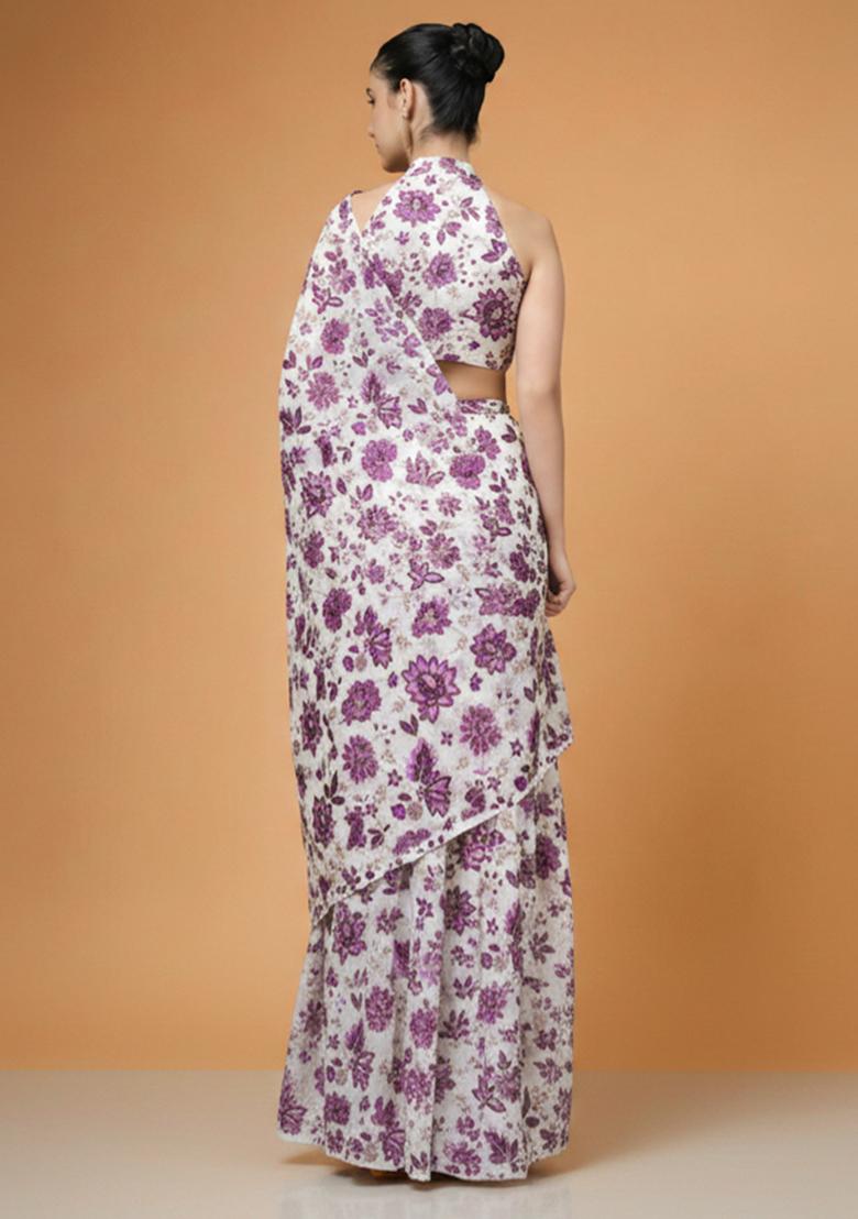 Ivory Floral Print Crepe Pre Draped Saree Set - Indya