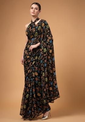 Black Floral Print Crepe Pre Draped Saree Set