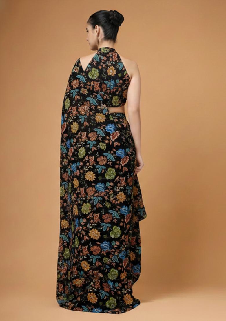 Black Floral Print Crepe Pre Draped Saree Set - Indya