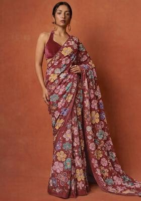 Deep Red Embroidered Crepe Pre Draped Saree Set