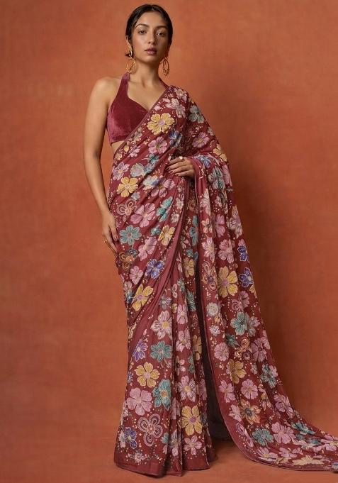 Deep Red Embroidered Crepe Pre Draped Saree Set