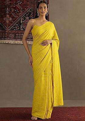 Mustard Embroidered Chinnon Pre Draped Saree Set
