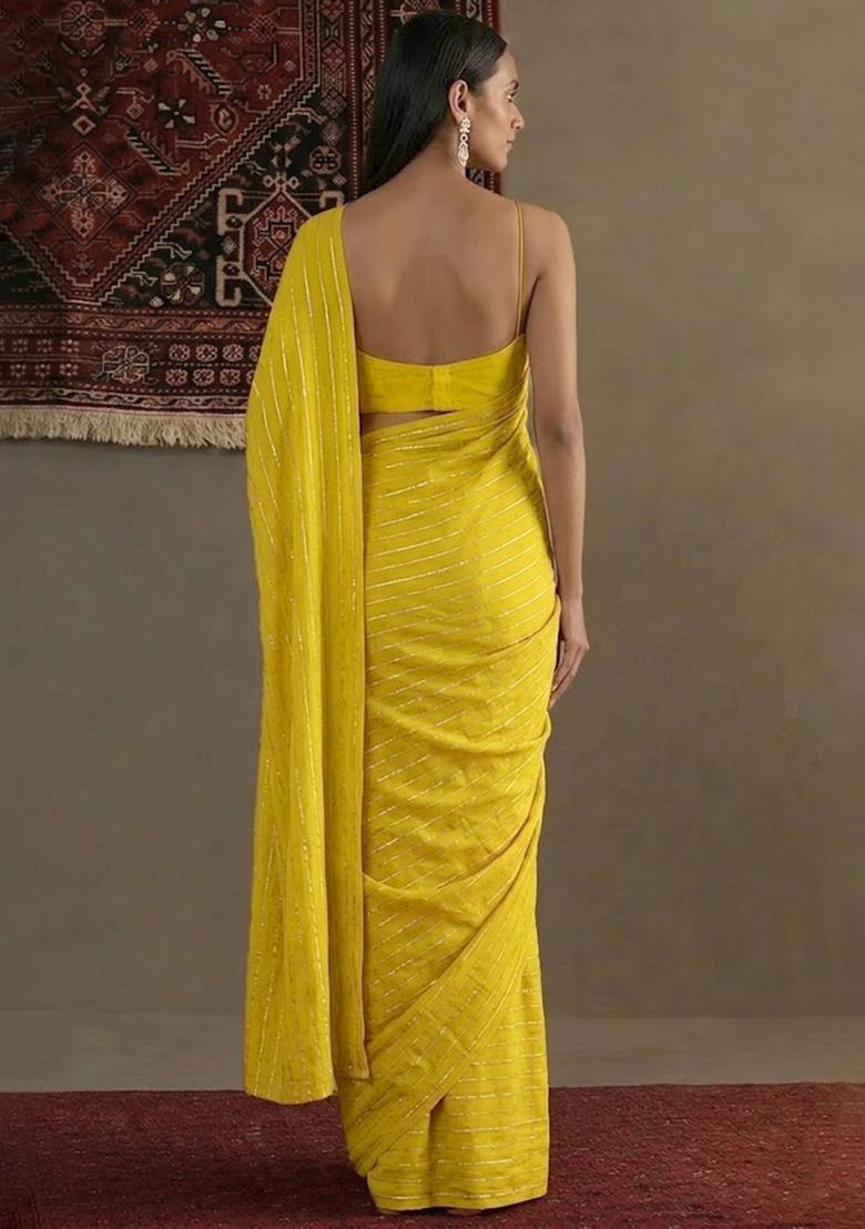 Mustard Embroidered Chinnon Pre Draped Saree Set - Indya