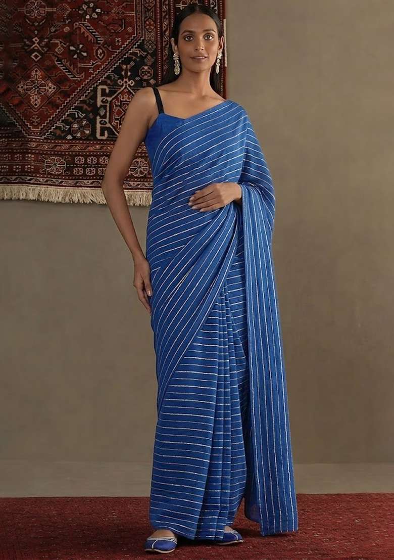 Blue Embroidered Chinnon Pre Draped Saree Set - Indya