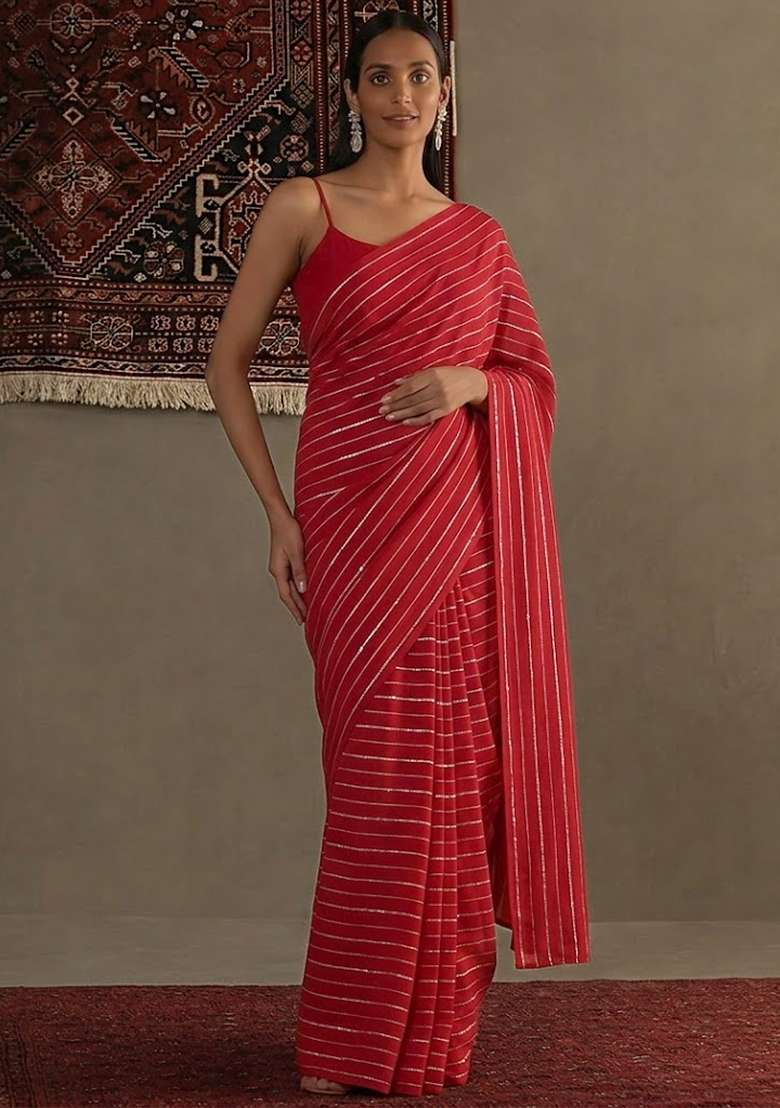 Red Embroidered Chinnon Pre Draped Saree Set - Indya