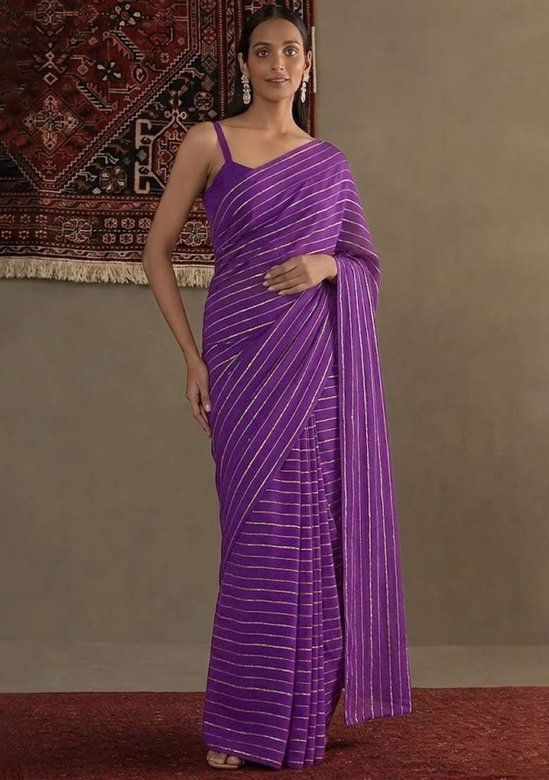 Purple Embroidered Chinnon Pre Draped Saree Set - Indya