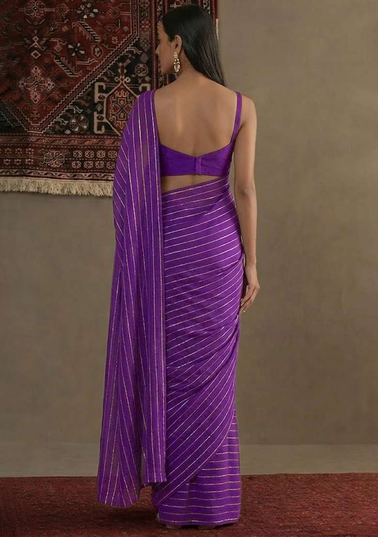 Purple Embroidered Chinnon Pre Draped Saree Set - Indya