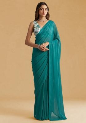 Teal Green Printed Crepe Pre Draped Saree Set