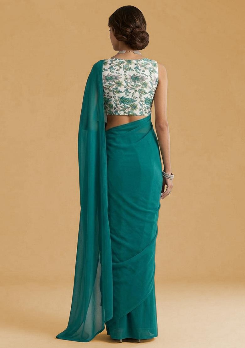 Teal Green Printed Crepe Pre Draped Saree Set - Indya