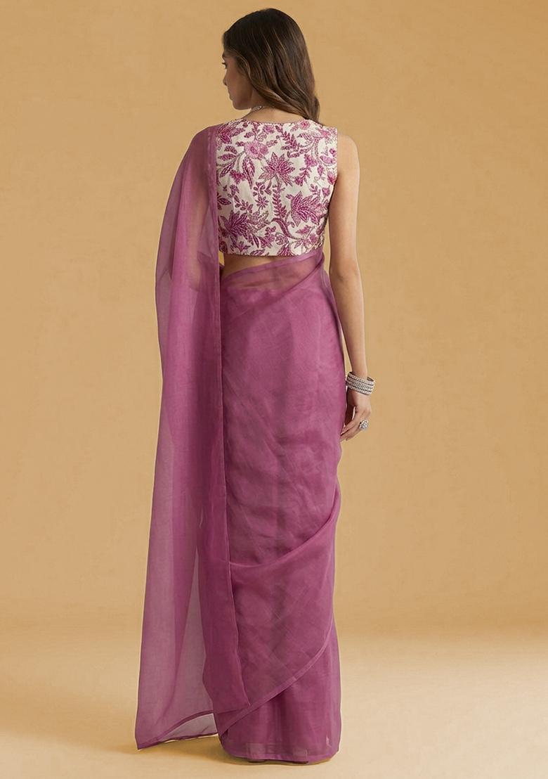 Blush Pink Printed Crepe Pre Draped Saree Set - Indya