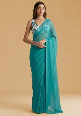 Aqua Blue Printed Crepe Pre Draped Saree Set