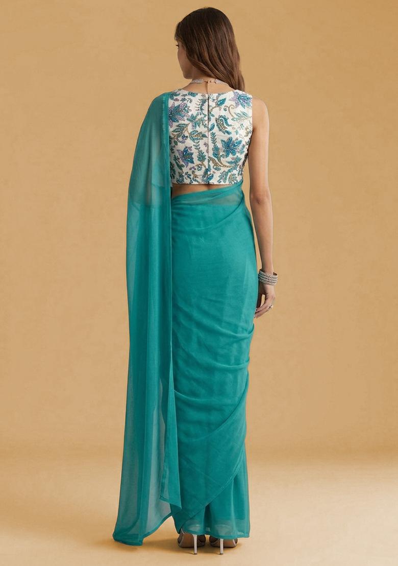 Aqua Blue Printed Crepe Pre Draped Saree Set - Indya