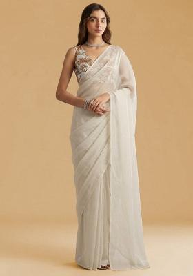 Ivory Printed Crepe Pre Draped Saree Set