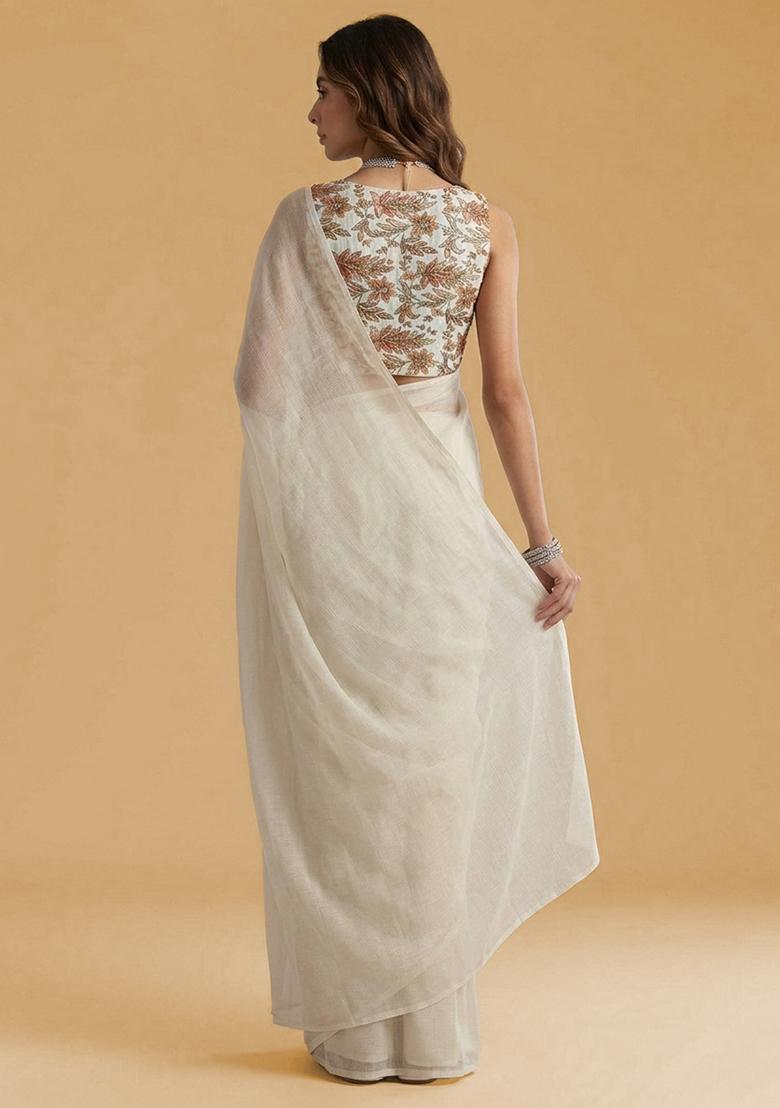 Ivory Printed Crepe Pre Draped Saree Set - Indya