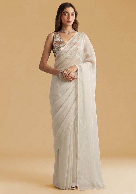 Ivory Printed Crepe Pre Draped Saree Set