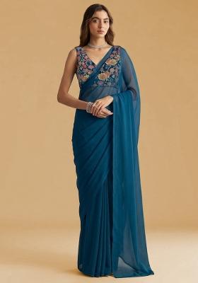 Teal Blue Floral Print Crepe Pre Draped Saree Set