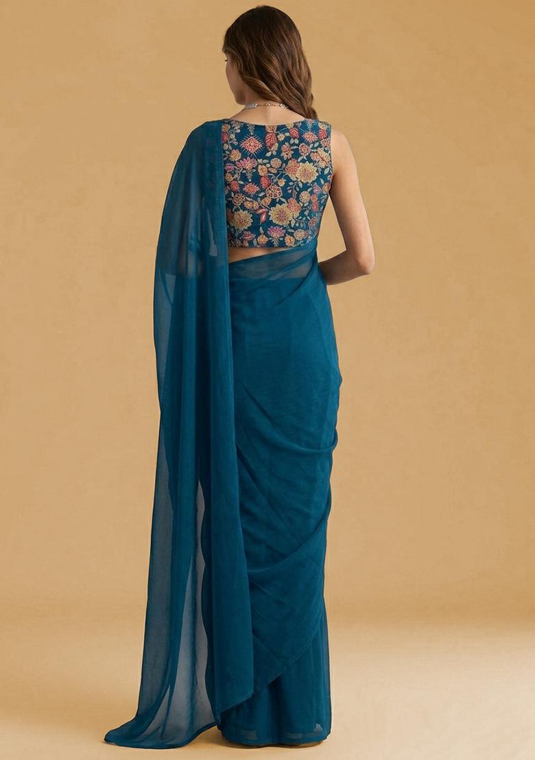 Teal Blue Floral Print Crepe Pre Draped Saree Set - Indya