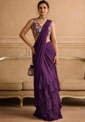 Deep Purple Embroidered Crepe Pre Draped Saree Set