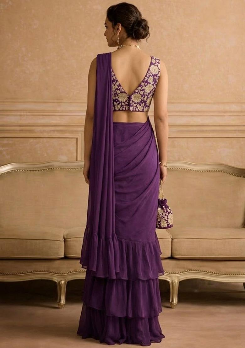 Deep Purple Embroidered Crepe Pre Draped Saree Set - Indya