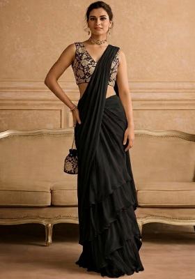 Black Embroidered Crepe Pre Draped Saree Set