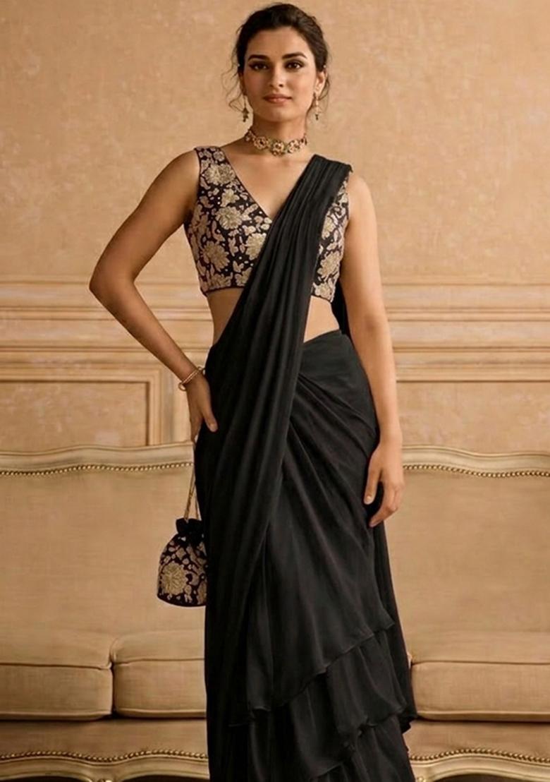 Black Embroidered Crepe Pre Draped Saree Set - Indya