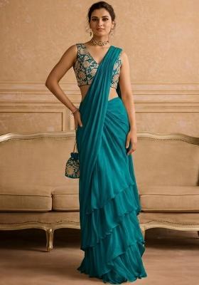 Teal Green Embroidered Crepe Pre Draped Saree Set