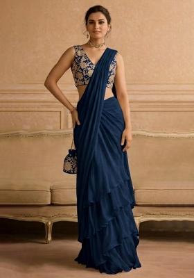 Navy Blue Embroidered Crepe Pre Draped Saree Set