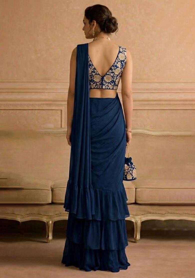 Navy Blue Embroidered Crepe Pre Draped Saree Set - Indya