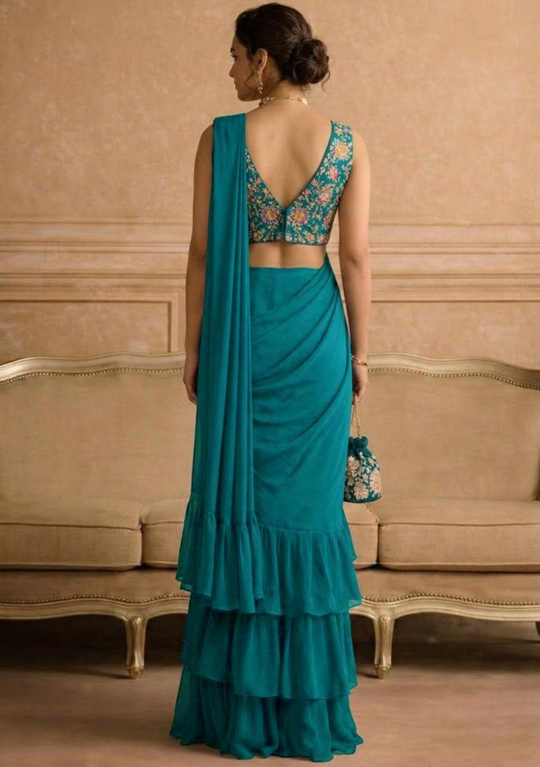 Teal Green Embroidered Crepe Pre Draped Saree Set - Indya