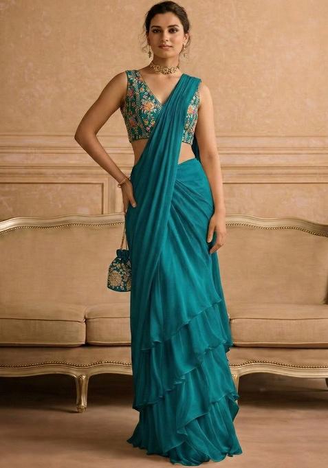 Teal Green Embroidered Crepe Pre Draped Saree Set — view on Indya