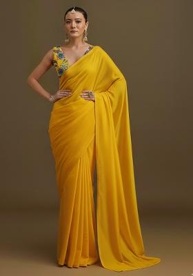 Mustard Printed Crepe Pre Draped Saree Set