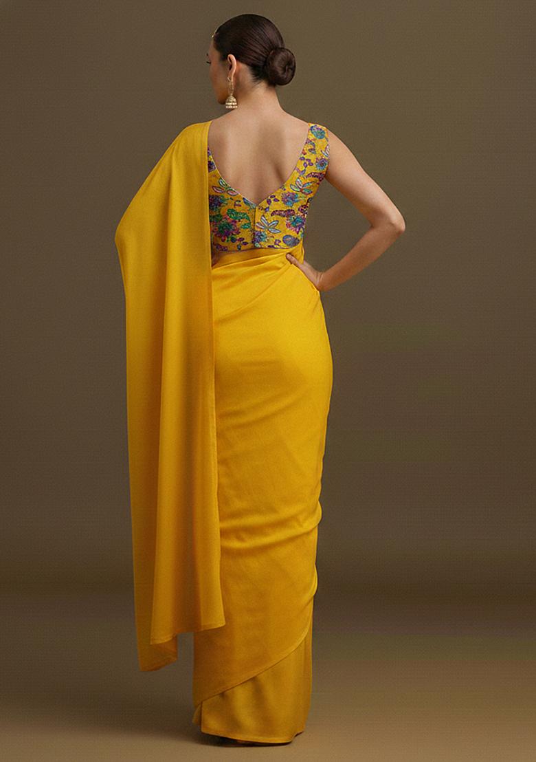 Mustard Printed Crepe Pre Draped Saree Set - Indya