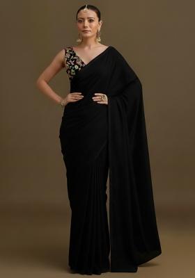 Black Printed Crepe Pre Draped Saree Set