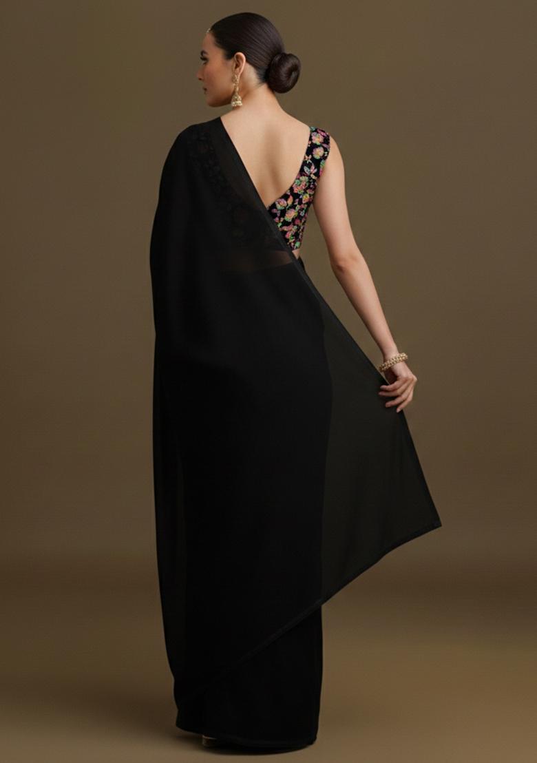 Black Printed Crepe Pre Draped Saree Set - Indya
