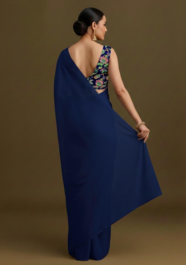 Navy Blue Printed Crepe Pre Draped Saree Set - Indya